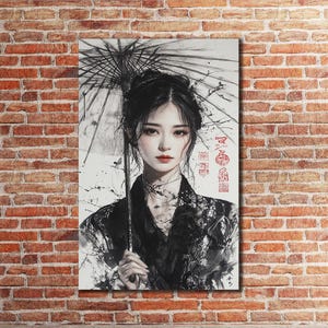 Arte de parede em tela de mulher asiática, decoração de parede de gueixa, presente de impressão abstrata, pintura de mulher com guarda-chuva, decoração de casa de luxo, arte em tela de gueixa