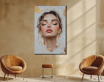 Boho Girl Canvas Print, Gold Woman Portrait, Wall Art