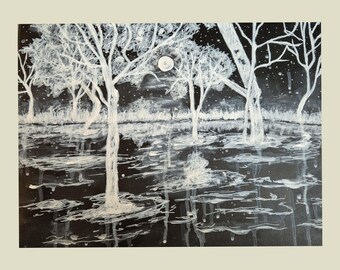Original Abstract White Marker Drawing on black canvas! Trees moonlight mist drawing.