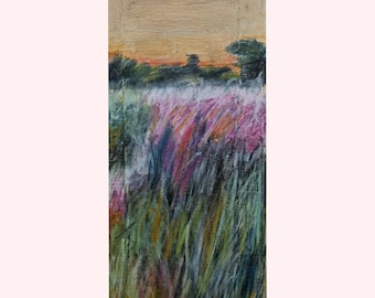 Paisaje original al pastel al óleo, puesta de sol en un prado, dibujo sobre lienzo. 50×20