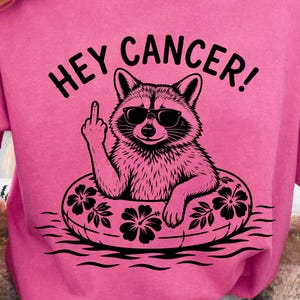 May include: A magenta t-shirt with the text "HEY CANCER!" above a raccoon wearing sunglasses and giving the middle finger while floating in a floral inner tube. The raccoon illustration is black.