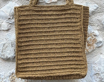 Trabzan Pattern Handmade Bag | Knitted with Crochet Raffia Rope Brown Beije Bag | Crochet Stylish Round Bag | Bohem Bag for Women