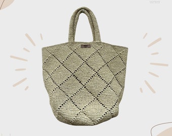 Baklava Pattern Handmade Tote Large Bag | Knitted with Crochet Raffia Rope Light Beije Bag | Crochet Large Beach Bag | Bohem Bag for Women