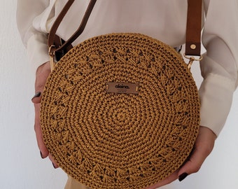 Round Design Handmade Bag | Knitted with Crochet Raffia Rope Brown Beije Bag | Crochet Stylish Round Bag | Bohem Bag for Women