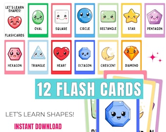 Learning Shapes Flashcards, Colorful, Rainbow, Printable Educational Flashacards for Preschool and Kids Playroom Decor, Kawaii