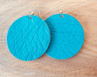 Large Turquoise Textured Leather Disc Earrings