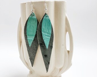Large Elongated Teardrop Layered Gray Ostrich and Turquoise Alligator Leather Double  Earrings