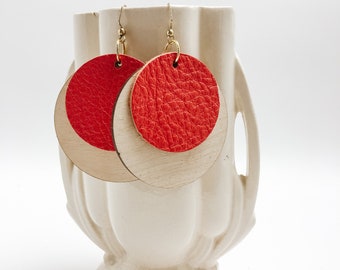 Large Layered Leather and Wooden Laser Cut Disc Earrings