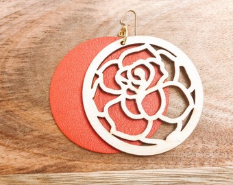 Large Layered Leather and Wooden Laser Cut Disc Earrings