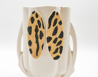 Large Elongated Oval Cheetah Style Print Leather Earrings