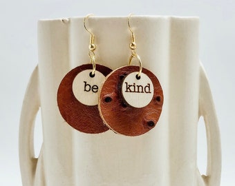 Brown Genuine Ostrich Leather Post Earrings with Wooden Engraved Be Kind Discs