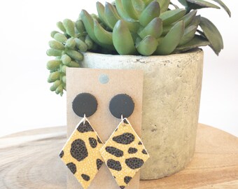 Cheetah Print and Black Leather Circle and Diamond Statement Earrings