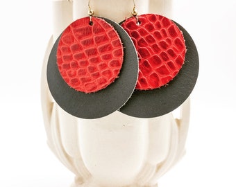 Large Red Printed Alligator Leather with Smooth Gray Leather Double Disc/Circle Statement Earrings