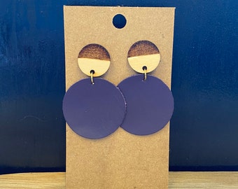 Purple Leather and Laser Engraved Wood Statement Earrings