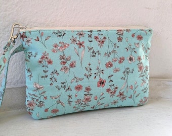 Square Wristlet Zipper Pouch - Pink Flower/Pencil Case/Makeup Bag/Travel Organizer