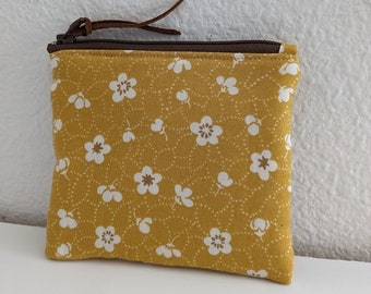 Mini Coin Purse, Small Zipper Pouch, Small Wallet, Card Holder - Padded Zipper Pouch Flower in Yellow
