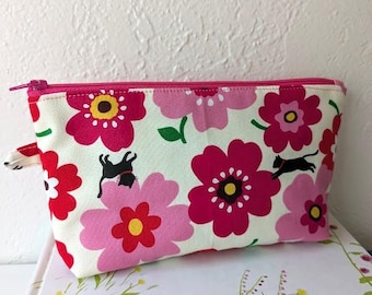 Japanische Federmäppchen/Kosmetiktasche aus Baumwolle/ Baumwolle - Katzen im Blumenmuster
