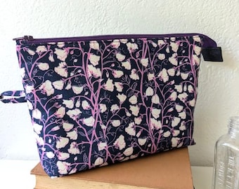 Cotton Zippered Pouch - Verbena Sweet Peas/Navy/Pencil Case/Makeup Bag/Travel Organizer