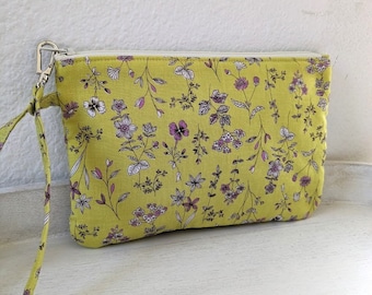 Square Wristlet Zipper Pouch - Pink Flower/Pencil Case/Makeup Bag/Travel Organizer