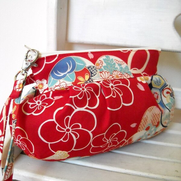 SALE - Plum in Red - Zipper Pouch with Clip