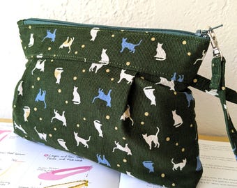 Katzen-Clutch aus japanischem Cord: Die perfekte Alltags-Handgelenktasche mit Reißverschluss und Reiseetui