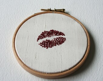 Hand Embroidered Hoop Art Deep Red Lipstick Traces Cream Silk