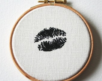 Hoop Art Gothic Kiss Lipstick Traces Hand Embroidered Wall Plaque