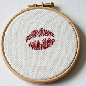 Red Lipstick Traces Hoop Art Hand Embroidered Metallic Thread