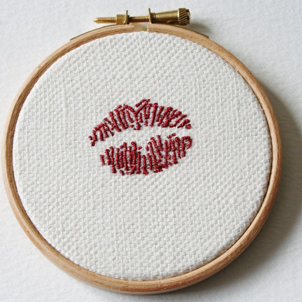 Red Lipstick Traces Hoop Art Hand Embroidered Metallic Thread