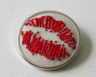 Lipstick Traces Hand Embroidered Pin Brooch Hand Stitched Kisses