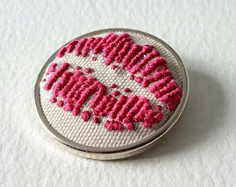 Geek Love Shocking Pink Lipstick Traces Hand Embroidered Pin Brooch Hand Stitched Kisses