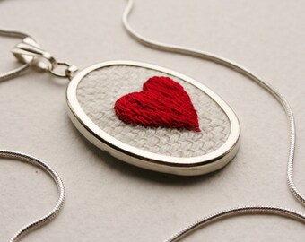 Red Sweet Heart Love Token Hand Embroidered Pendant Necklace