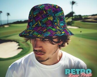 Bucket hat men’s summer golf accessory for guys Colorful Neon Grid sun shade wide brim cap music festival party gear gift for him