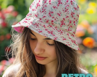 Bucket hat womans designer headwear pink floral pattern ladies sun shade wide brim cap summer accessory gift for her