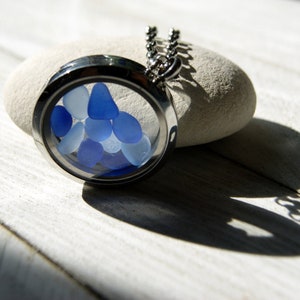 Floating Locket Necklace Filled with Genuine Sea Glass in Cobalt Blue and Cornflower Blue image 2