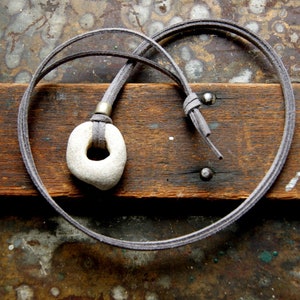 Hag Stone Necklace with Vintage Silver Padre Bead and Vegan Faux Leather Cord, Choose Stone and Cord Color at Checkout