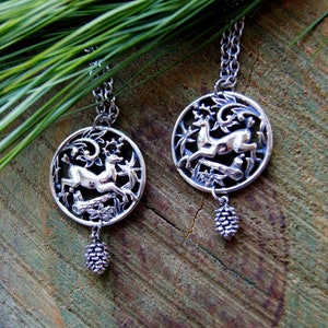 Vintage Woodland Forest Deer Scene Pendant with Antiqued Silver Pine Cone, Choose Pendant at Checkout