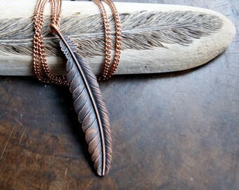 Lucky Feather Necklace - Large Feather Necklace, Antiqued Copper Feather Necklace with Rose Gold Chain