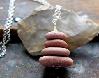 Pink Granite Beach Stone Cairn Necklace with Stainless Steel Rolo Chain