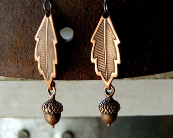Copper Acorn and Leaf Earrings with Oxidized Sterling Silver Ear Wires