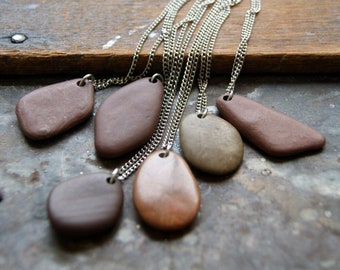 Brown Beach Stone Necklace with Vintage Stainless Steel Chain, Choose Stone at Checkout