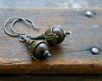 Acorn Earrings with Tiger Ebony Wood Beads and Antiqued Brass OR Antiqued Silver Bead Caps