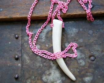 Real Deer Antler Tip Necklace with Vintage Pink Enameled Chain