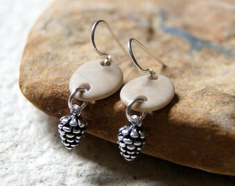 Sterling Silver Pine Cone Earrings with Tan Beach Stones