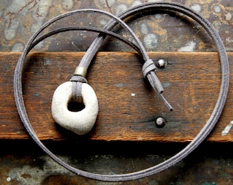 Hag Stone Necklace with Vintage Silver Padre Bead and Vegan Faux Leather Cord, Choose Stone and Cord Color at Checkout