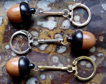 Wooden Acorn Canister Locket Key Chain, Choose Silver Tone, Gold Tone or Rose Gold Tone Keychain