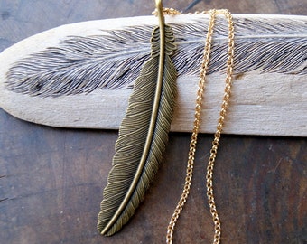 Large Feather Necklace, Antiqued Bronze Feather Necklace with Gold Plated Brass Rolo Chain