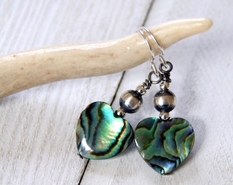 Paua Shell Heart Earrings with Sterling Silver Navajo Pearls and Sterling Silver Ear Wires, LAST PAIR