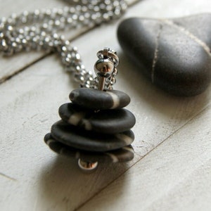 Black and White Beach Stone Cairn Necklace with Stainless Steel Rolo Chain Fidget Necklace, Kinetic Necklace image 3