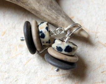 Cairn Earrings with Black and Tan Beach Stones and Dalmation Jasper Beads